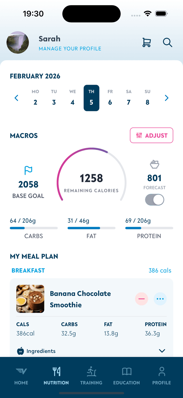 VRTO nutrition recipe screen