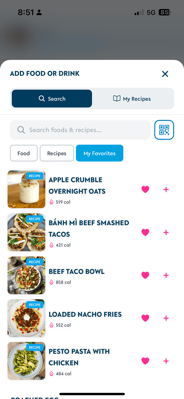 VRTO nutrition tracking screen